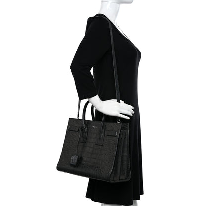 Saint Laurent Calfskin Crocodile Embossed Small Sac de Jour Dusty Black 2 of 9