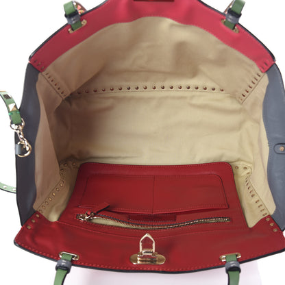 Valentino Garavani Vitello Colorblock Medium Rockstud Tote Deep Rose Clover Grey Scarlet 5 of 16