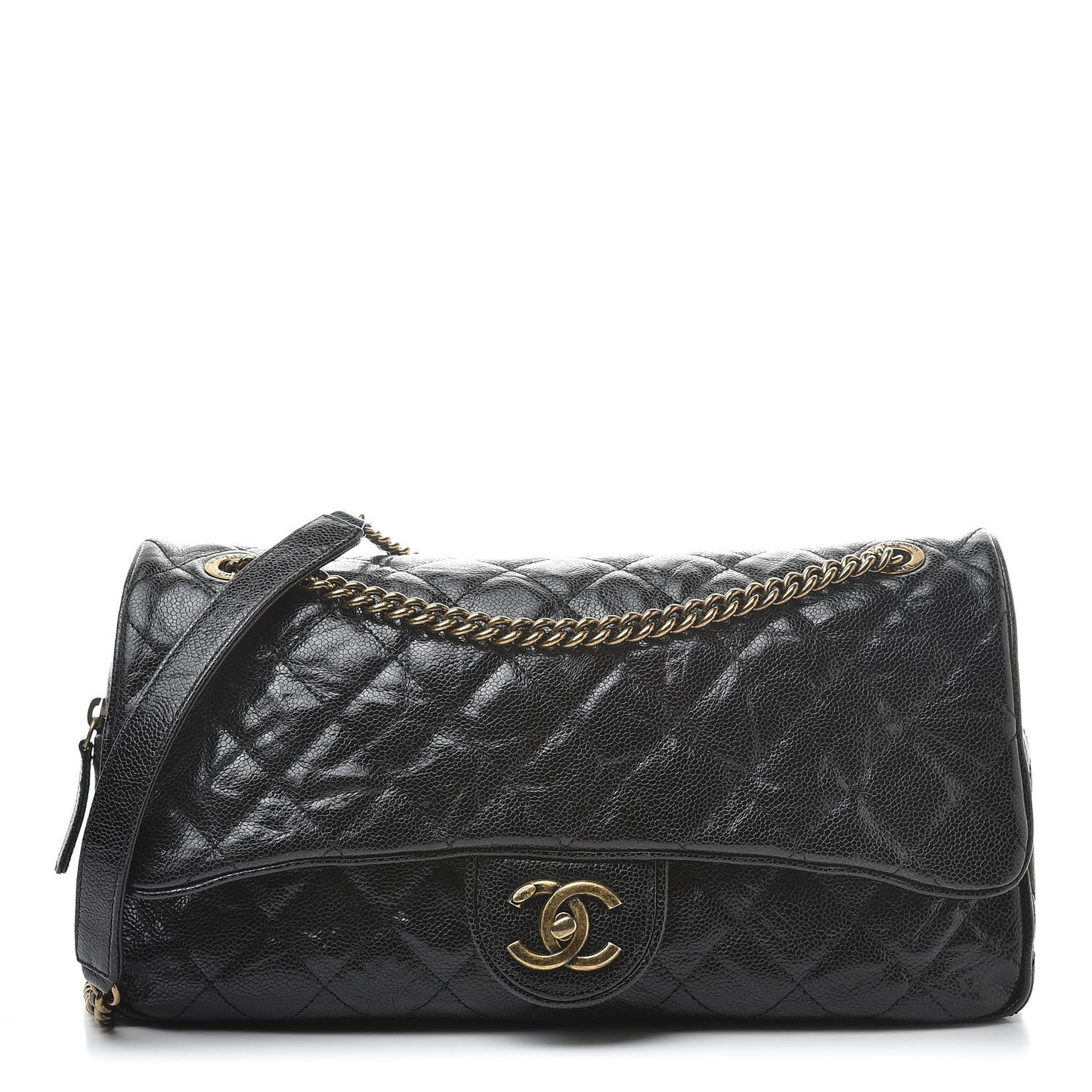Crumpled Grained Calfskin Quilted Large Shiva Flap Black