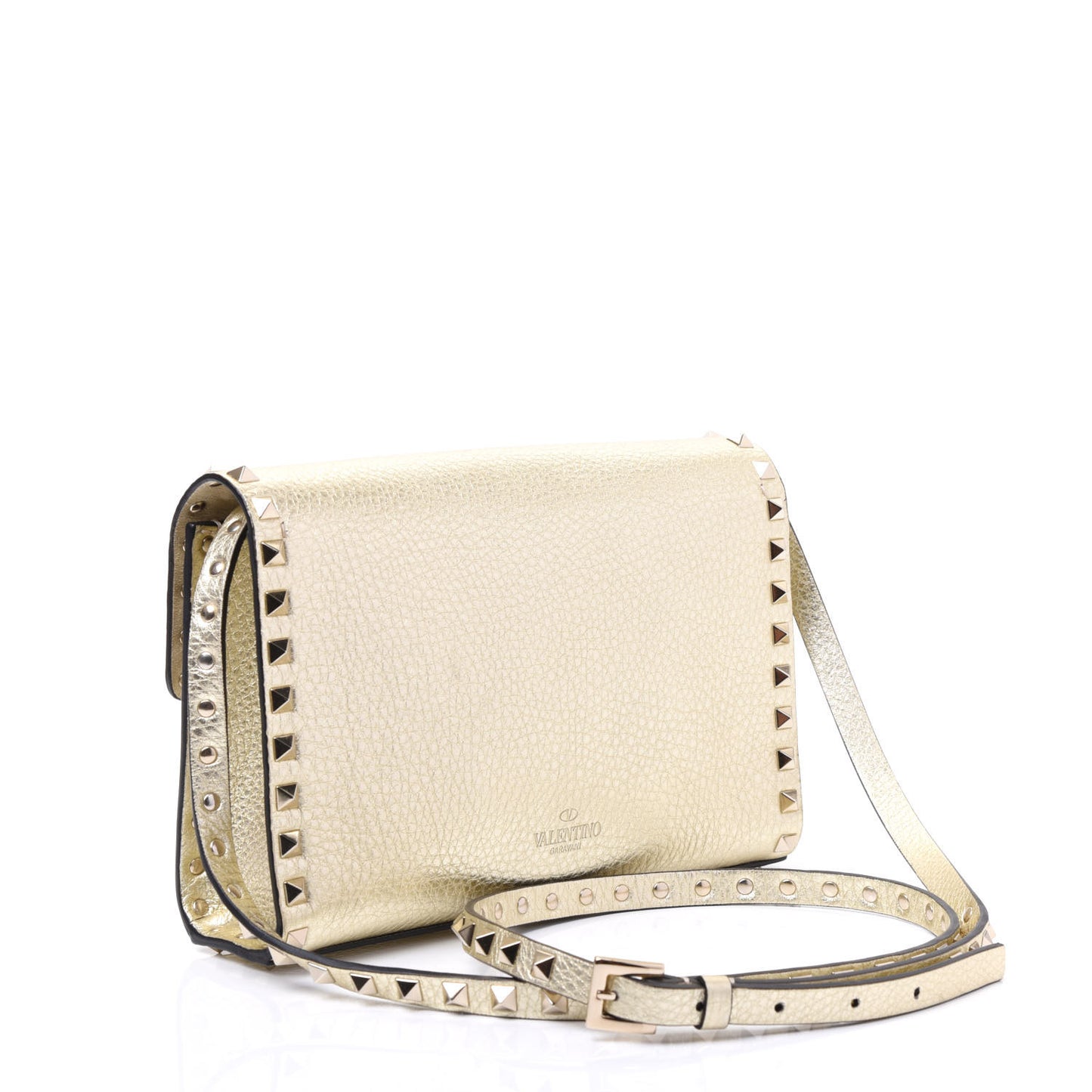 Metallic Pebbled Calfskin Medium Rockstud Flip Lock Crossbody Bag Platino