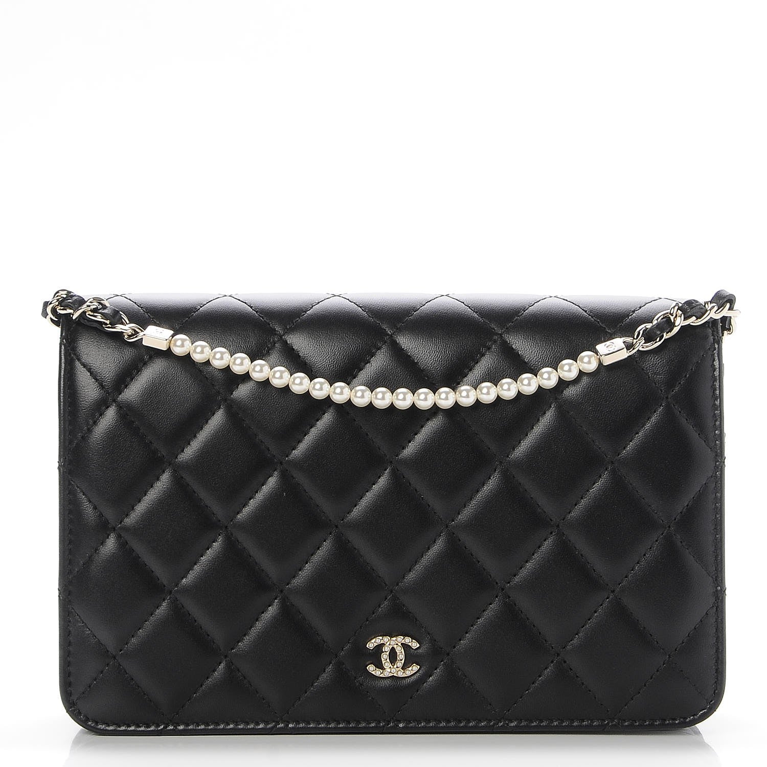 Chanel Lambskin Quilted Pearl Wallet On Chain WOC Black 1 of 10