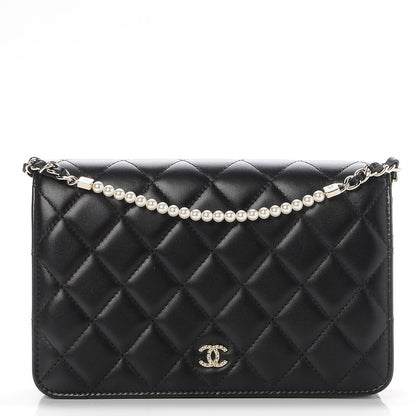 Chanel Lambskin Quilted Pearl Wallet On Chain WOC Black 1 of 10