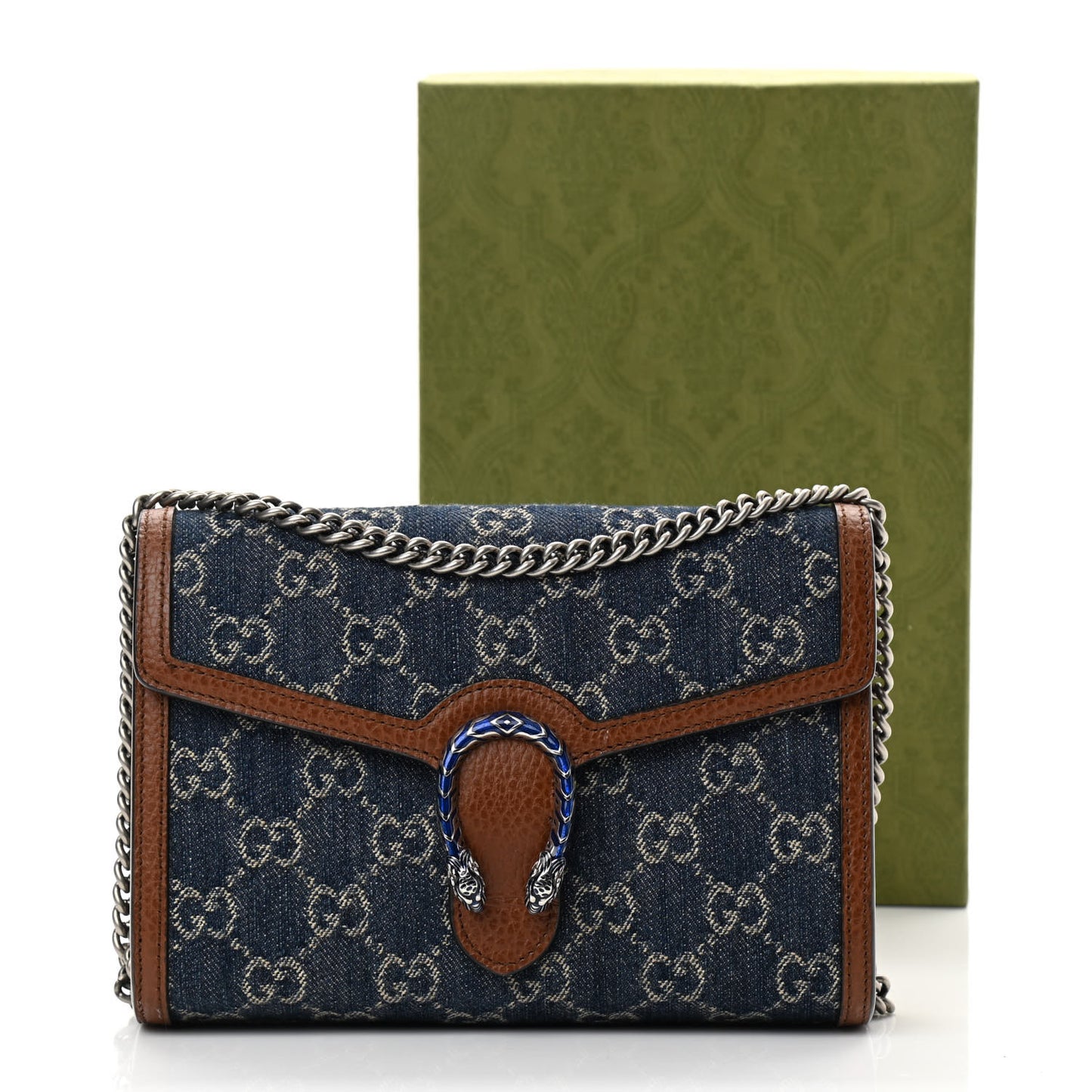 New Denim GG Monogram Dollar Calfskin Enamel Mini Dionysus Chain Wallet Blue Tea Cuir Epilog Electric Blue