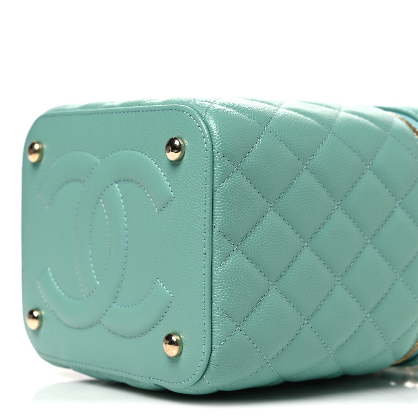 Caviar Quilted Small Top Handle Vanity Case With Chain Light Blue
