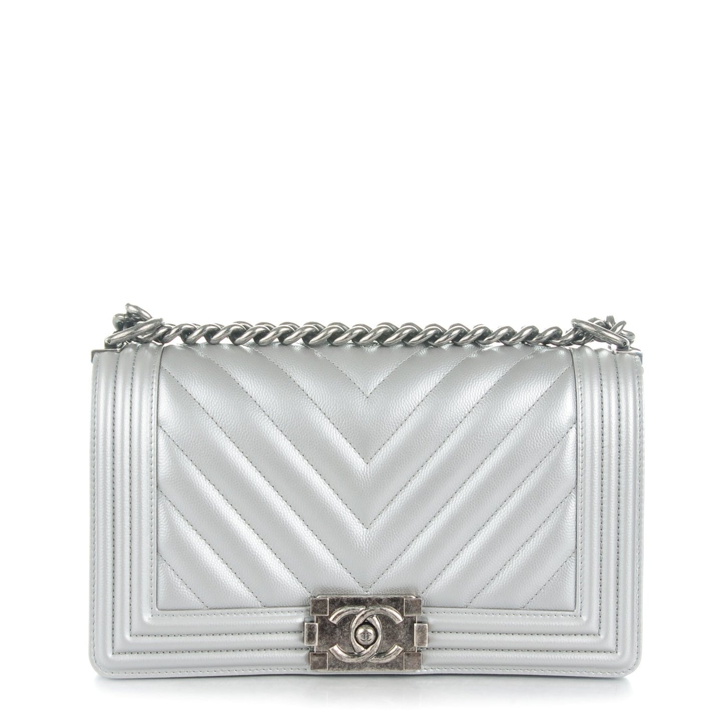 Metallic Caviar Chevron Medium Boy Flap Silver