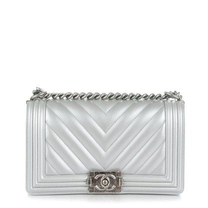 Chanel Metallic Caviar Chevron Medium Boy Flap Silver 1 of 8