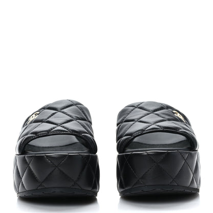 Chanel Lambskin Quilted CC Mules Wedge Sandals 36 Black 2 of 9