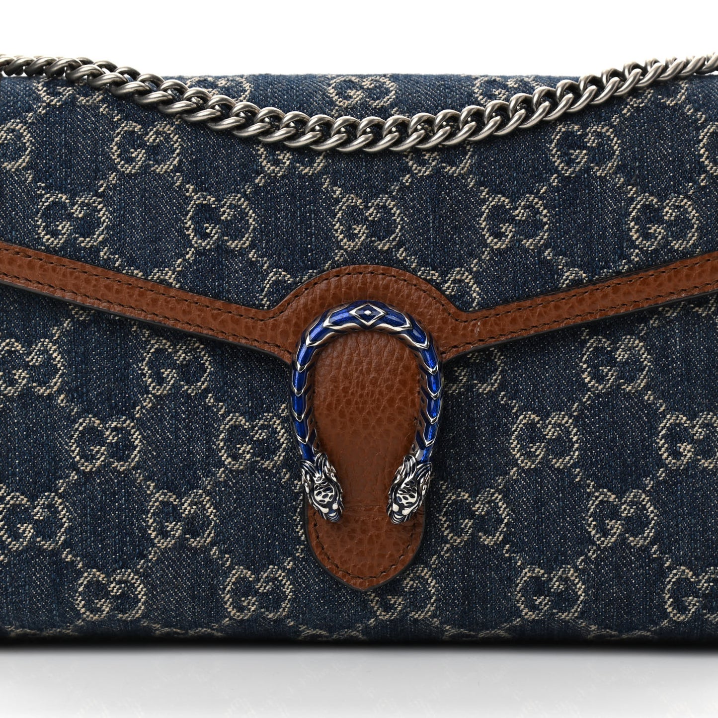 New Denim GG Monogram Dollar Calfskin Enamel Mini Dionysus Chain Wallet Blue Tea Cuir Epilog Electric Blue
