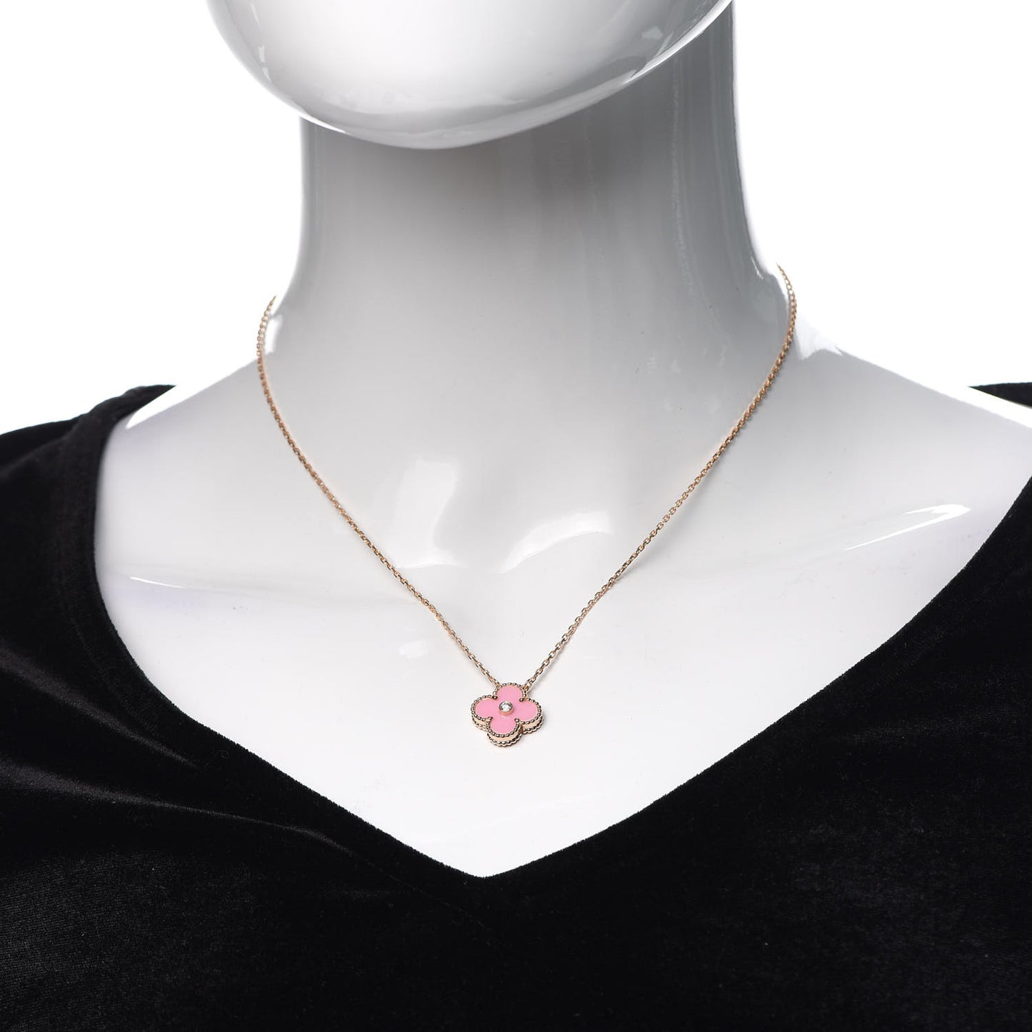 18K Rose Gold Diamond Pink Porcelain Vintage Alhambra Pendant Necklace