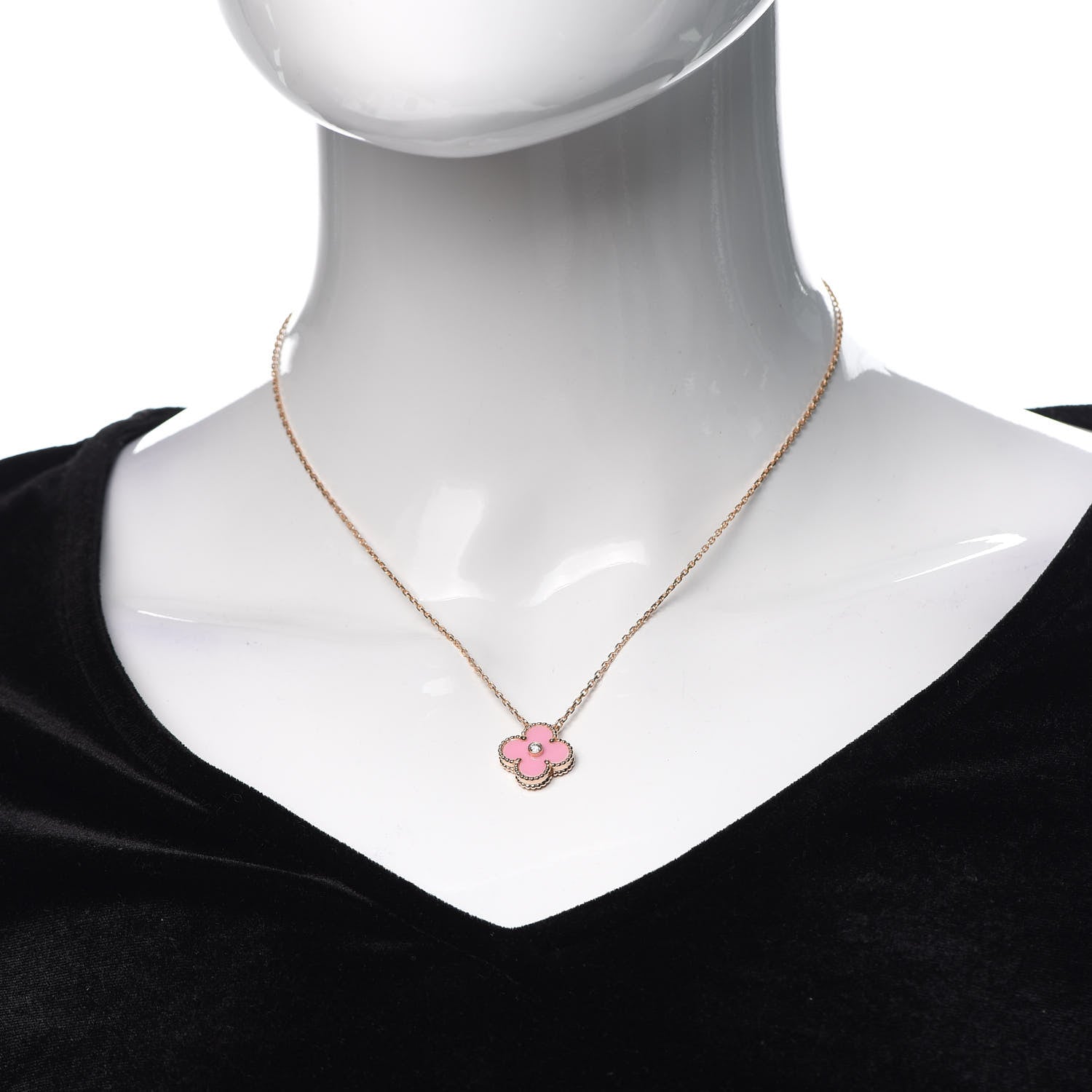 Van Cleef & Arpels 18K Rose Gold Diamond Pink Porcelain Vintage Alhambra Pendant Necklace 2 of 6