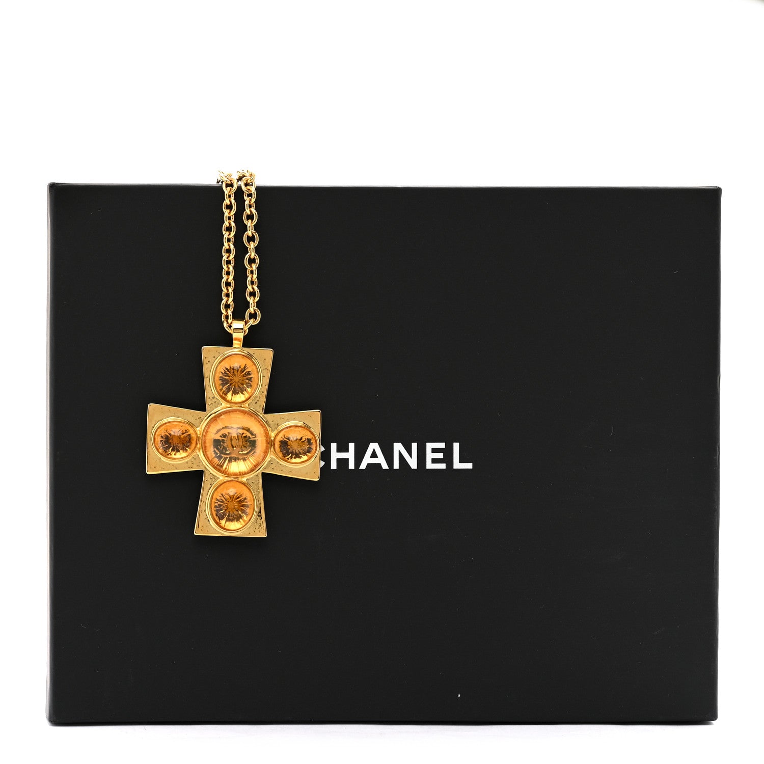 Chanel Gripoix Crystal CC Cross Pendant Necklace Gold Orange 6 of 6