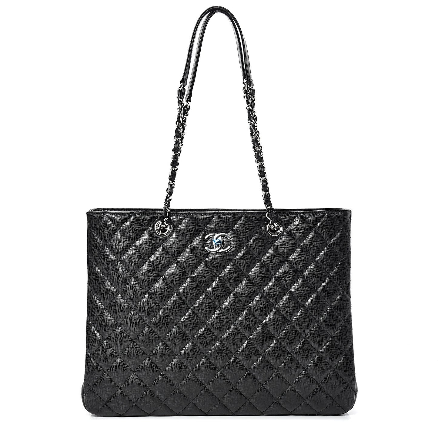 Calfskin Quilted Large CC Shopping Tote Black