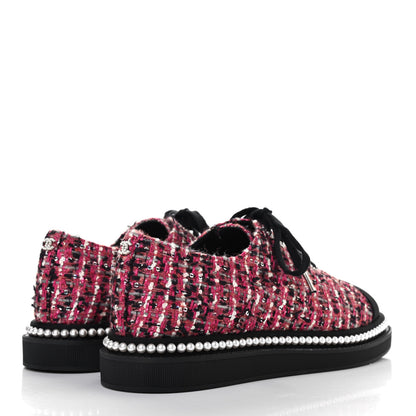 Chanel Tweed Grosgrain Sequin Pearl Lace Up Sneakers 39 Black Pink 4 of 7