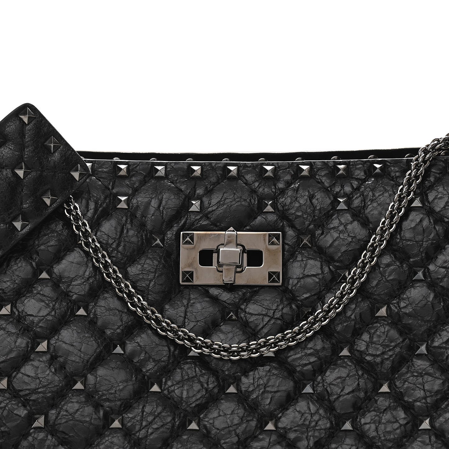 Craquele Nappa Rockstud Spike Shoulder Tote Black