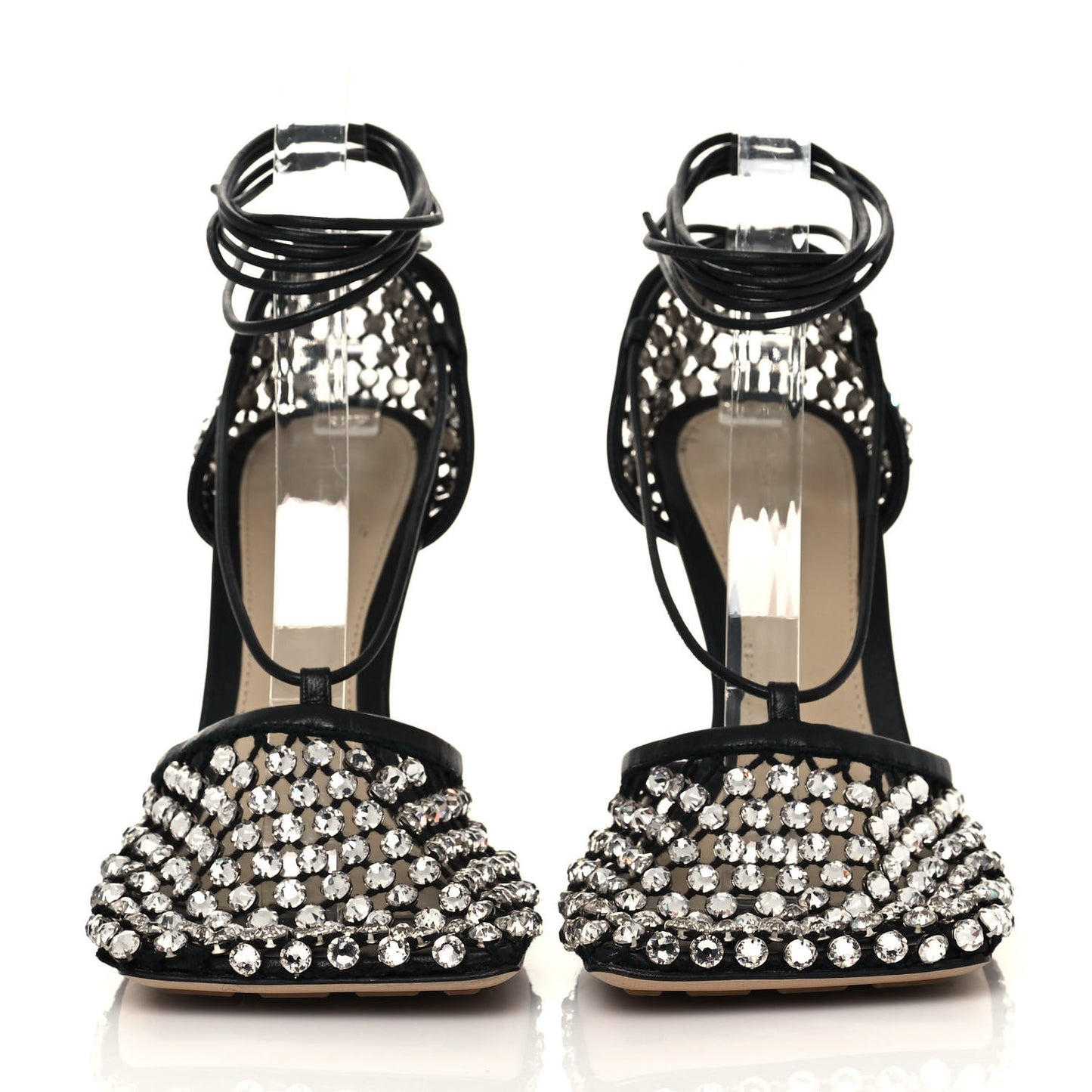 Mesh Nappa Crystal Embellished Sparkle Stretch Ankle Tie Sandals 40 Black