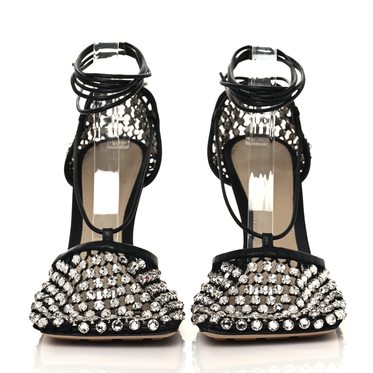 Bottega Veneta Mesh Nappa Crystal Embellished Sparkle Stretch Ankle Tie Sandals 40 Black 2 of 9