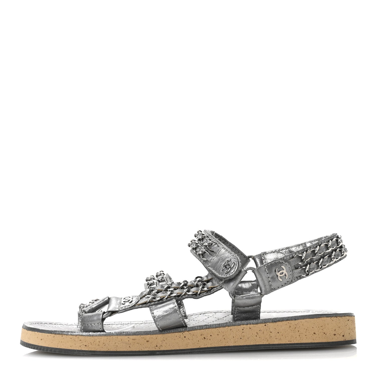 Chanel Metallic Laminated Goatskin Chain Flat Sandals 39 Dark Silver 1 of 8