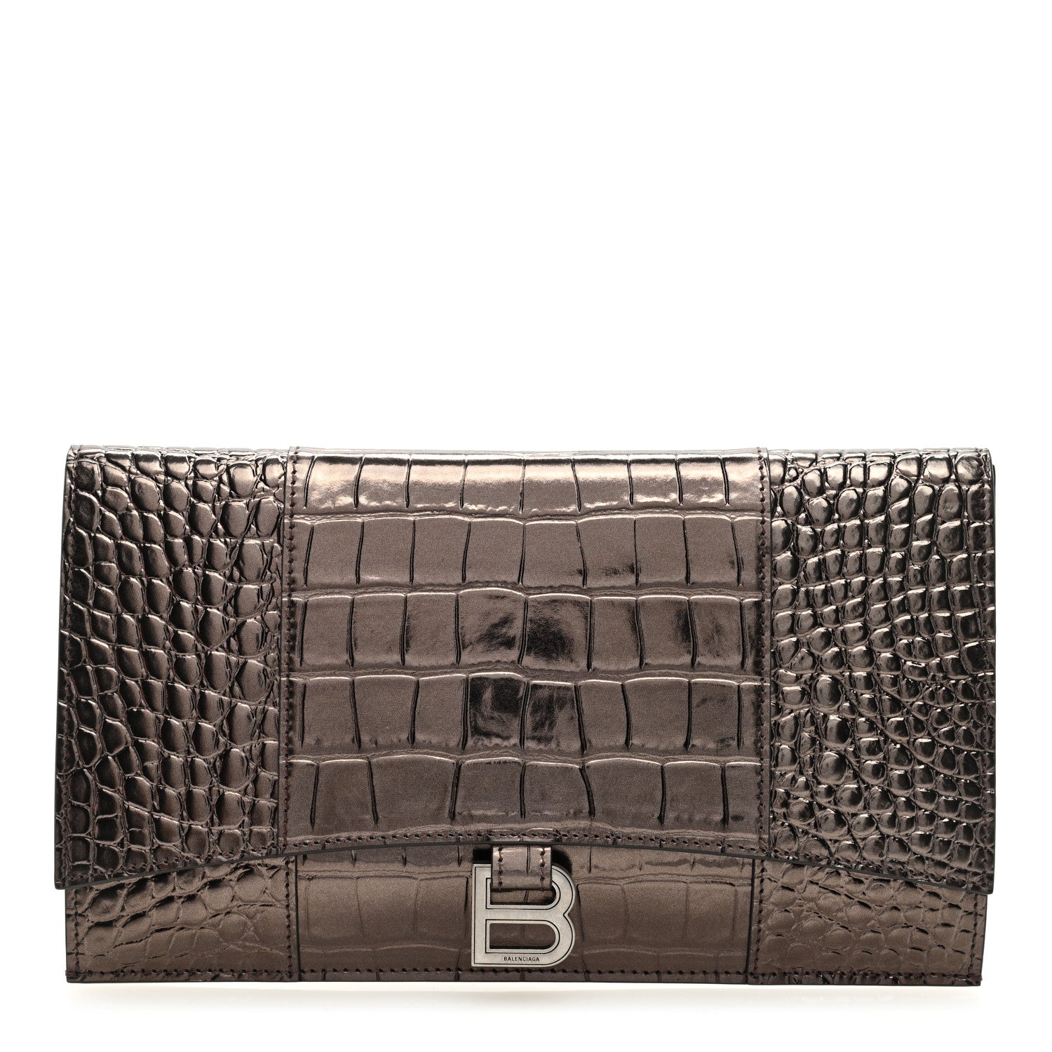 Balenciaga Shiny Calfskin Crocodile Embossed Hourglass Flap Flat Pouch Dark Bronze 1 of 6