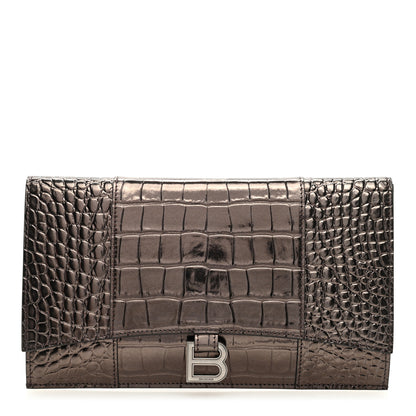 Balenciaga Shiny Calfskin Crocodile Embossed Hourglass Flap Flat Pouch Dark Bronze 1 of 6