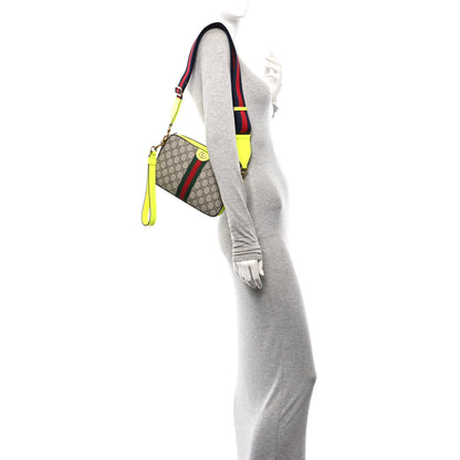 Gucci GG Supreme Monogram Textured Dollar Calfskin Web Ophidia Wristlet Shoulder Bag Beige Ebony Fluo Yellow 2 of 10
