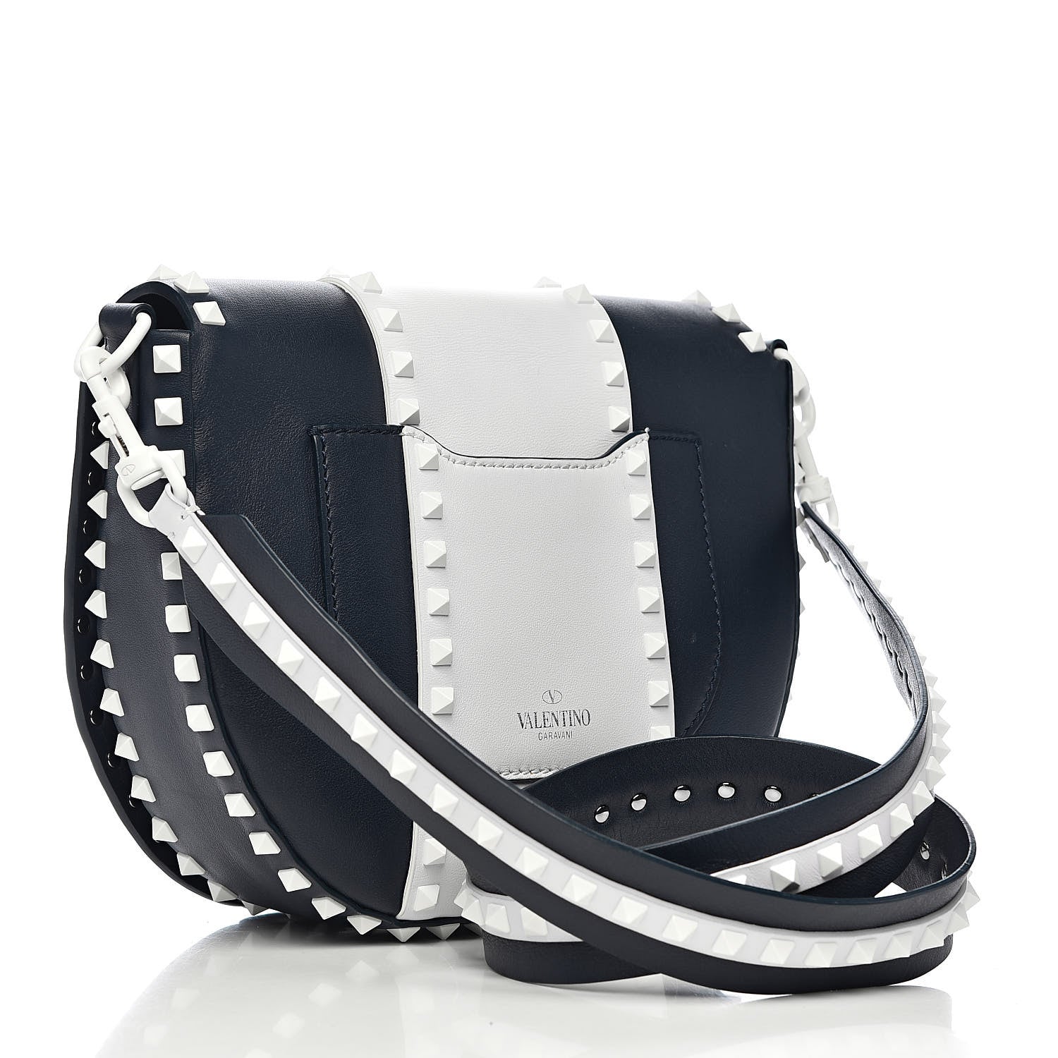 Valentino Garavani Vitello Colorblock Large Free Rockstud Halfmoon Saddle Bag Marine White 3 of 17