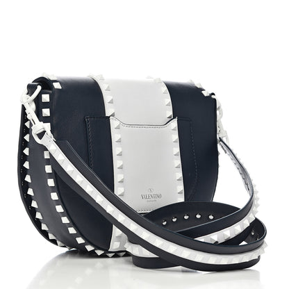 Valentino Garavani Vitello Colorblock Large Free Rockstud Halfmoon Saddle Bag Marine White 3 of 17
