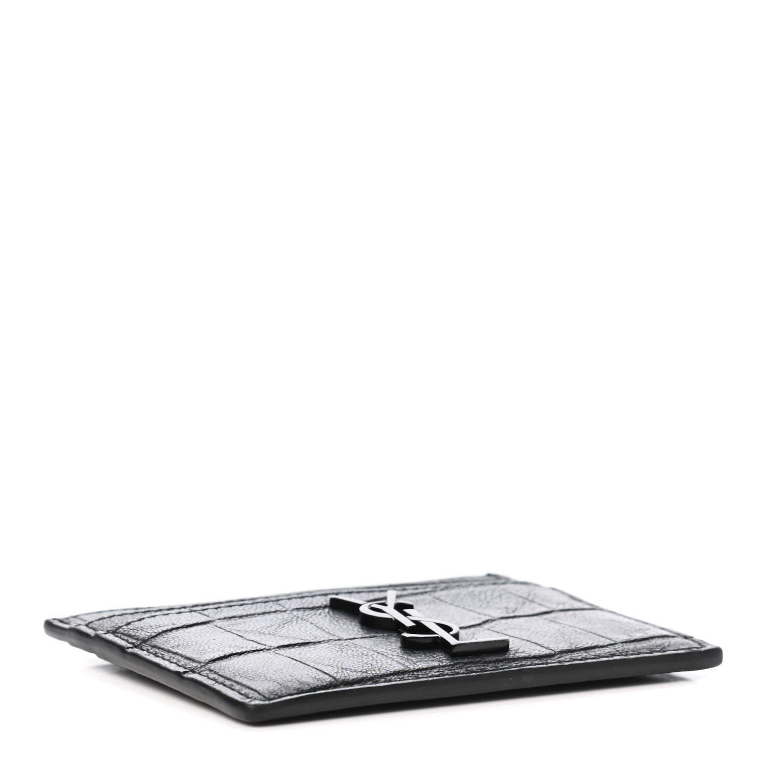 Saint Laurent Calfskin Crocodile Embossed Monogram Credit Card Case Black 3 of 4
