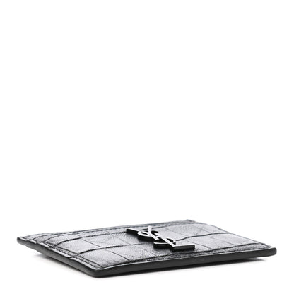 Saint Laurent Calfskin Crocodile Embossed Monogram Credit Card Case Black 3 of 4