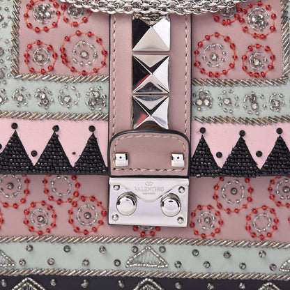 Valentino Garavani Vitello Embroidered Small Glam Lock Rockstud Flap Pink Black 12 of 12