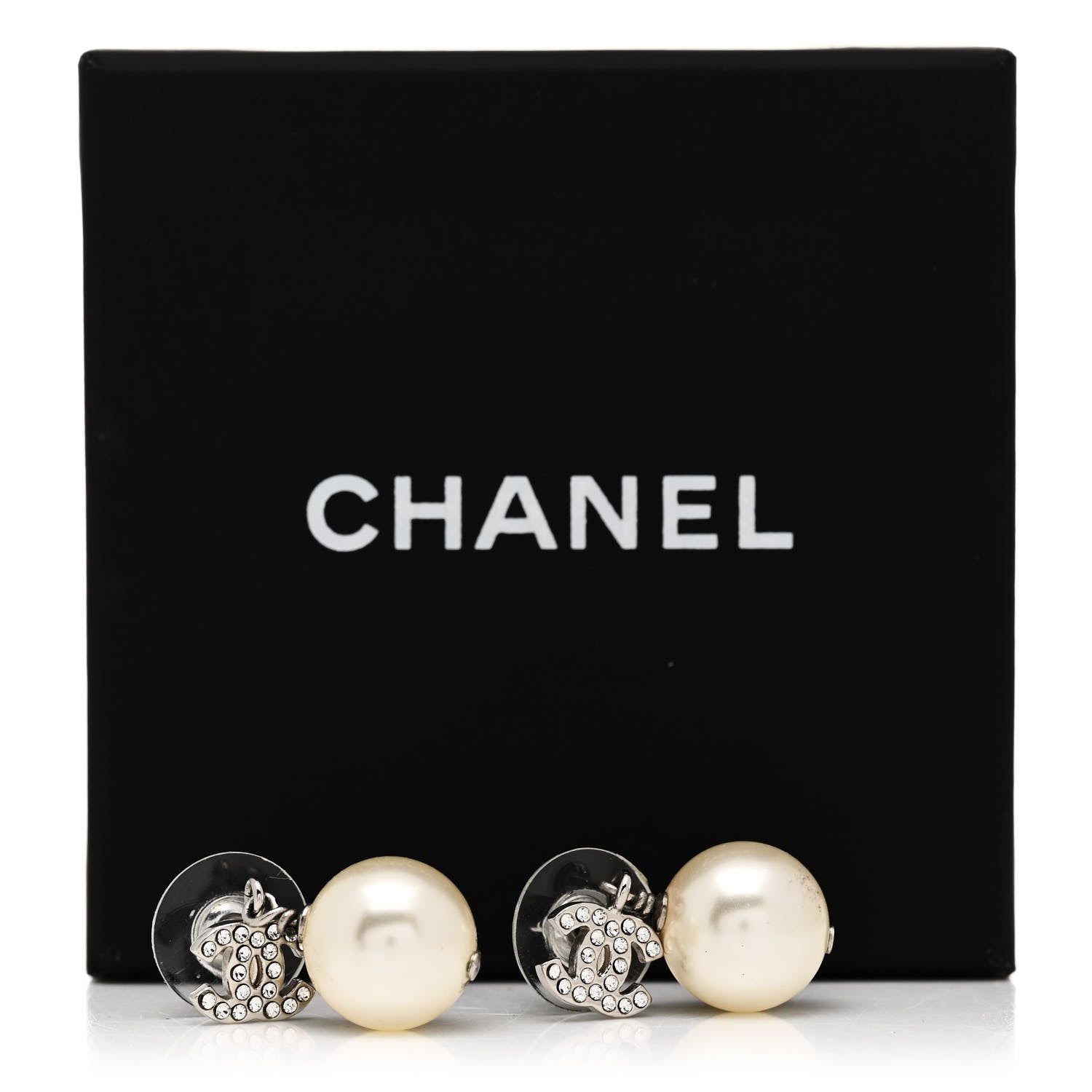 Chanel Crystal Pearl CC Drop Earrings Silver Pearly White 5 of 5