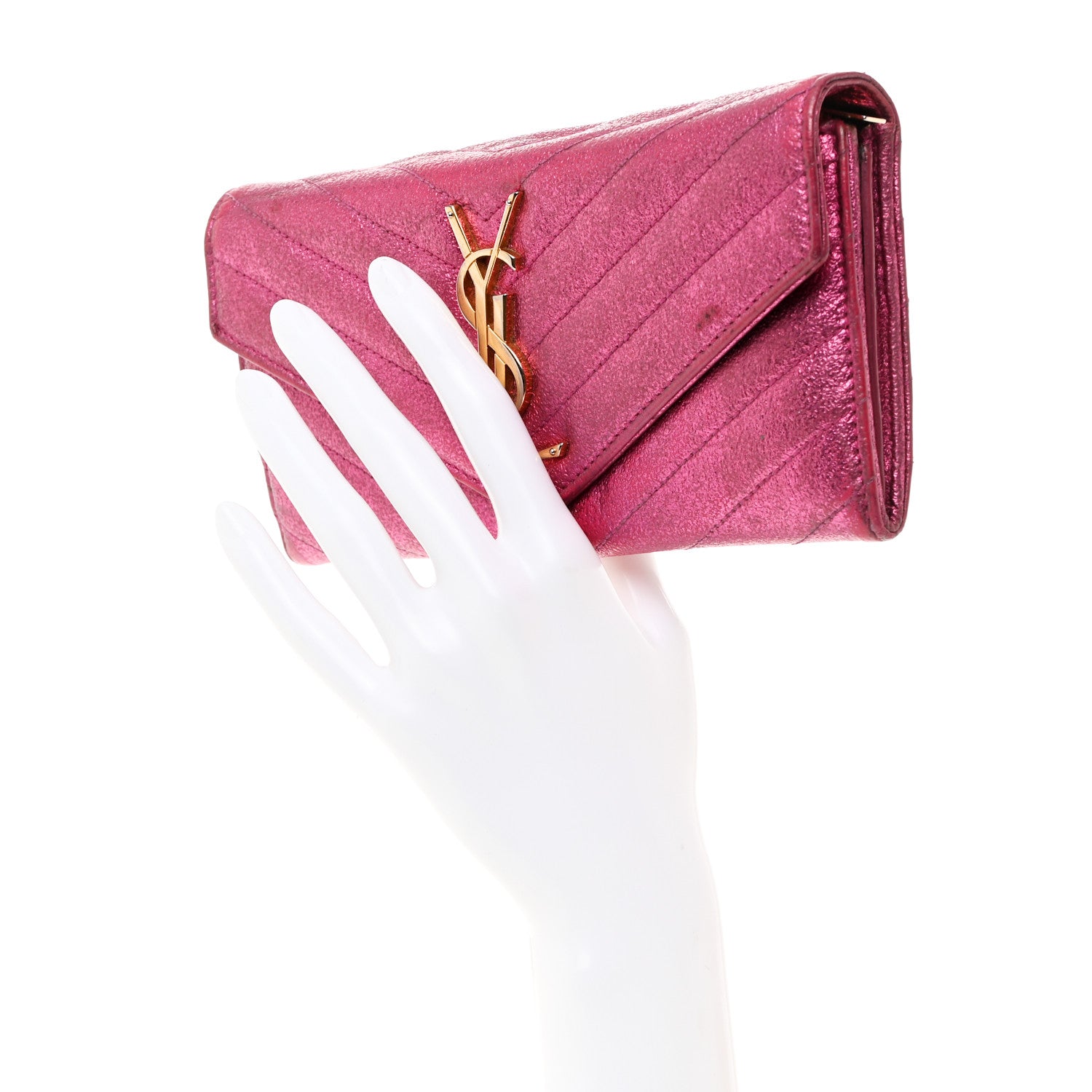 Saint Laurent Metallic Crackled Calfskin Matelasse Chevron Monogram Flap Wallet Fuchsia 2 of 10
