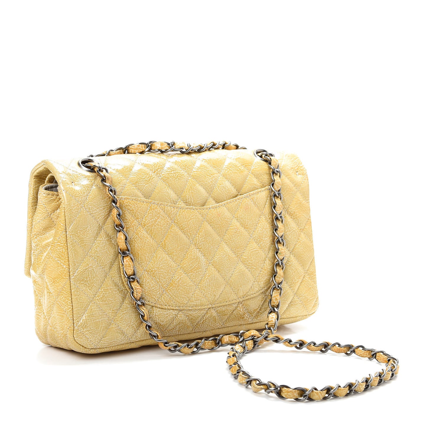 Crinkled Patent Quilted Medium Double Flap Light Beige