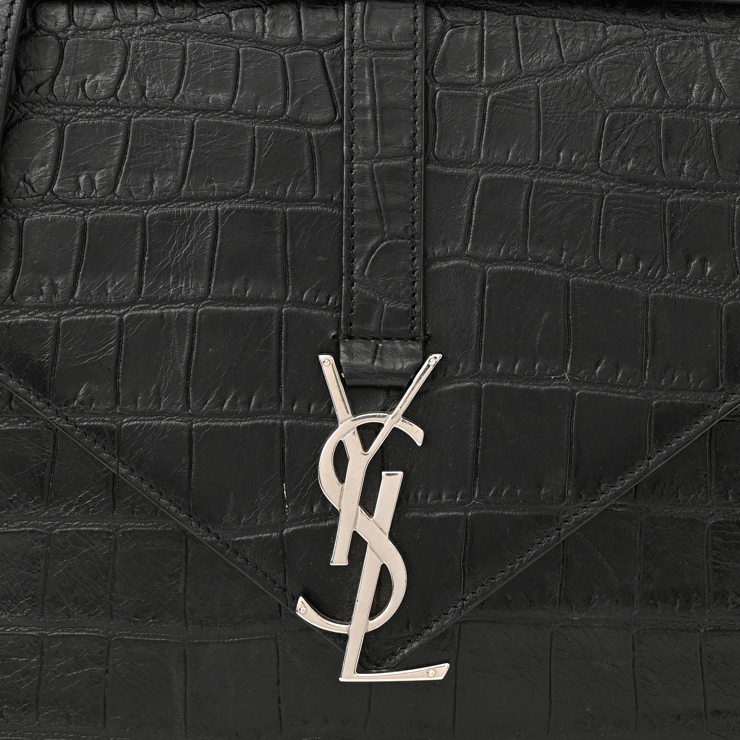Saint Laurent Calfskin Crocodile Embossed Medium Monogram Envelope Chain Shoulder Bag Black 8 of 11