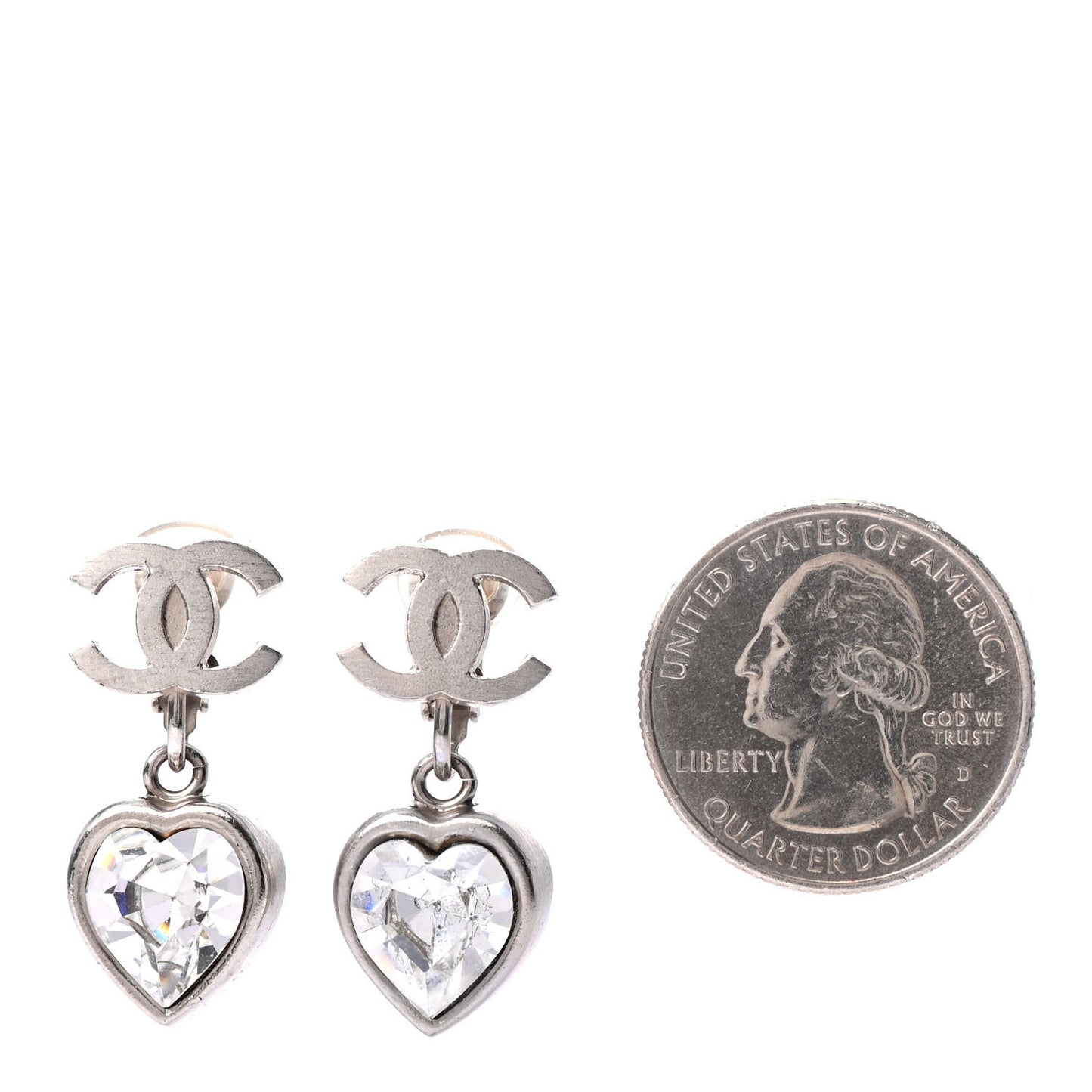 Crystal Heart CC Drop Clip On Earrings Silver