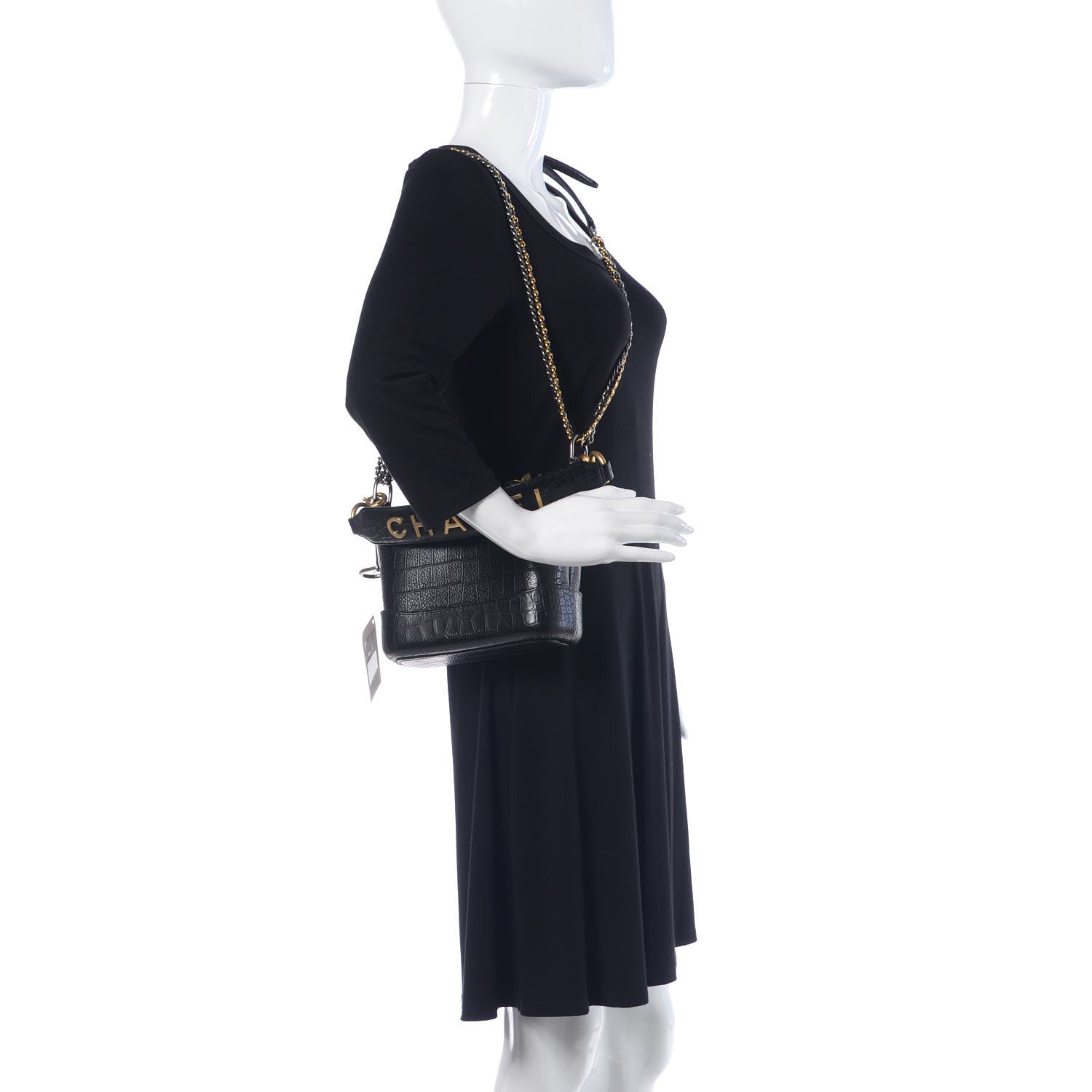 Chanel Calfskin Crocodile Embossed Small Gabrielle Cocodile Hobo Black 3 of 12