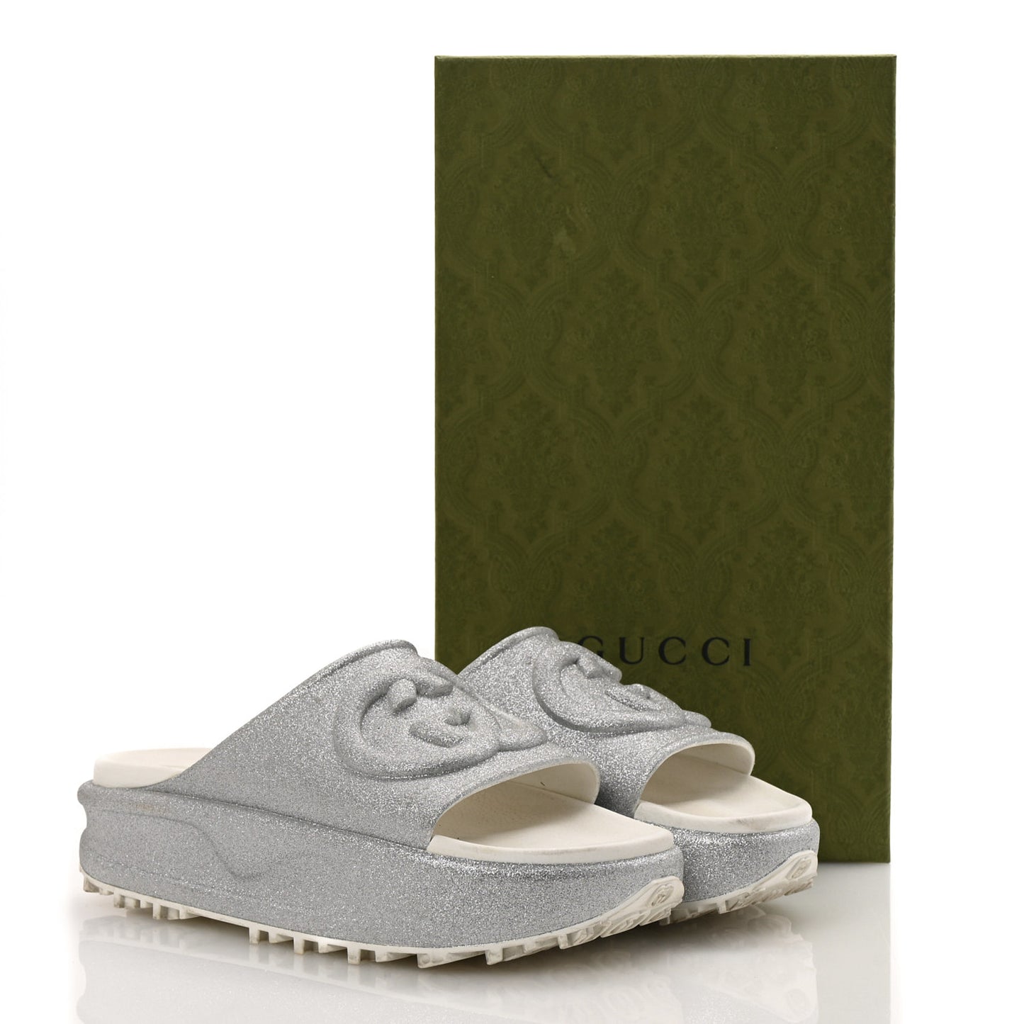Glitter Rubber Womens Interlocking G Platform 42mm Slide Sandals 40 Silver