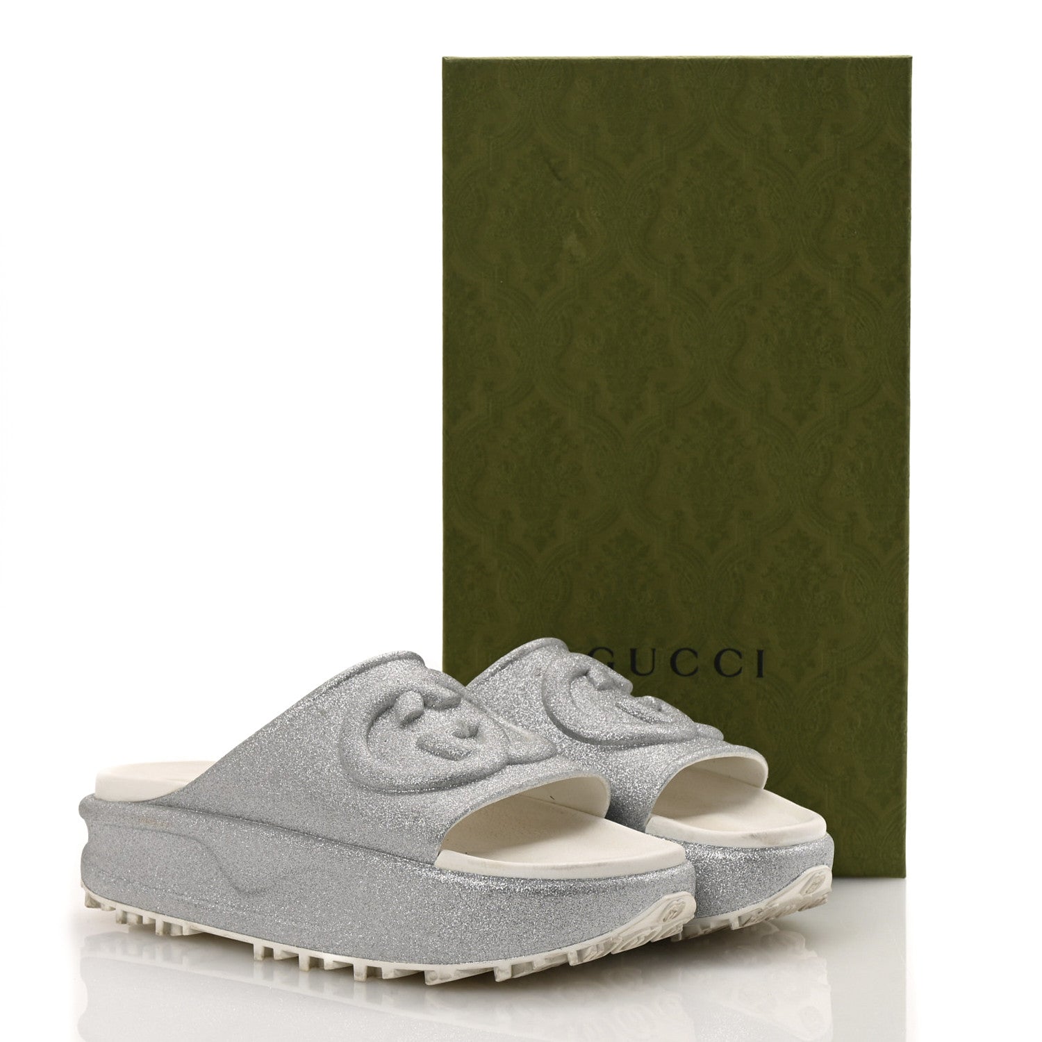 Gucci Glitter Rubber Womens Interlocking G Platform 42mm Slide Sandals 40 Silver 10 of 10