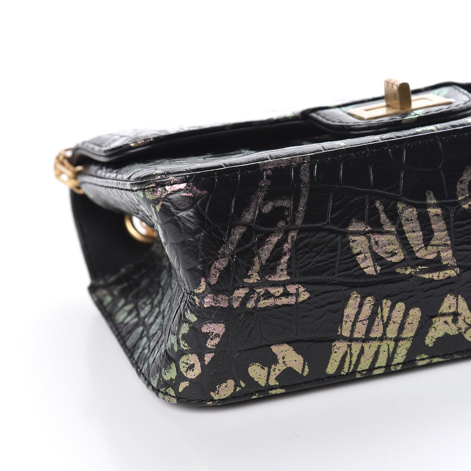 Chanel Calfskin Crocodile Embossed Graffiti 2.55 Mini Cocodile Reissue Flap Black Pink 5 of 10