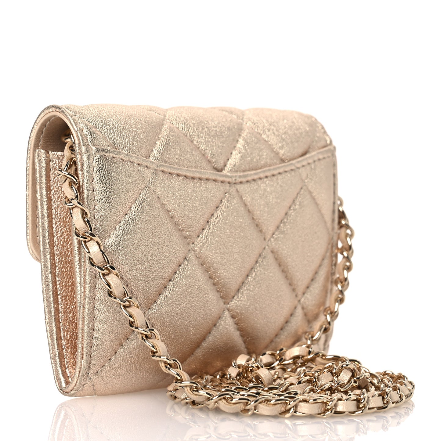 Metallic Lambskin Quilted Flap Card Holder On Chain Gold