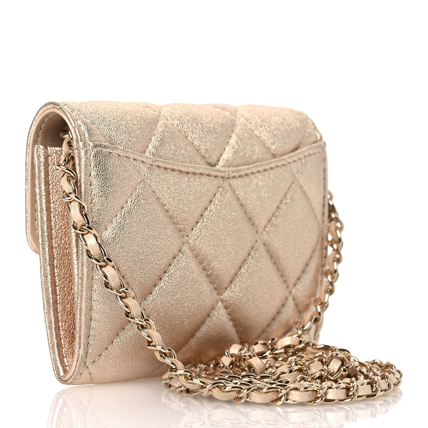 Chanel Metallic Lambskin Quilted Flap Card Holder On Chain Gold 3 of 12