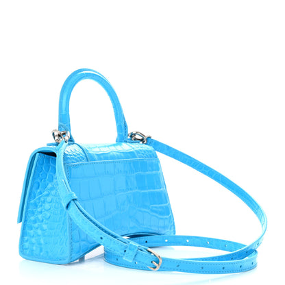 Balenciaga Shiny Calfskin Crocodile Embossed Hourglass Top Handle Bag XS Cyan 3 of 13