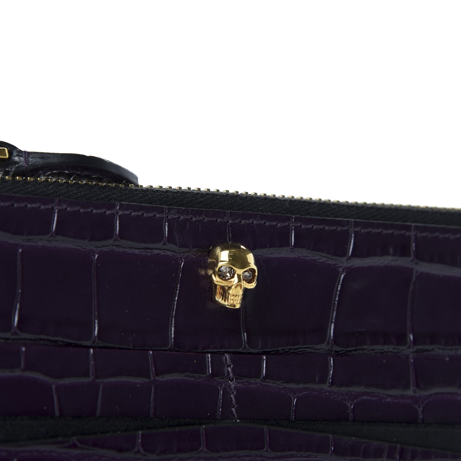 Alexander McQueen Calfskin Crocodile Embossed Skull Zip Wallet Card Holder Black 7 of 7