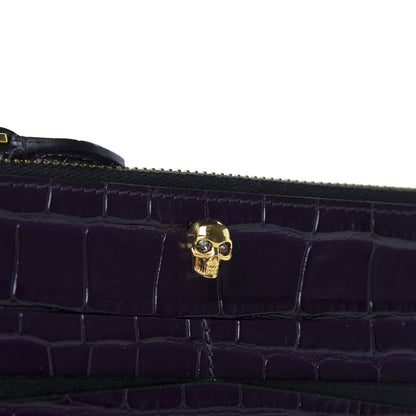 Alexander McQueen Calfskin Crocodile Embossed Skull Zip Wallet Card Holder Black 7 of 7