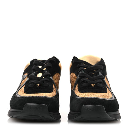 Chanel Metallic Fabric Suede Calfskin Crocodile Embossed Mens CC Sneakers 45 Black Gold 3 of 12