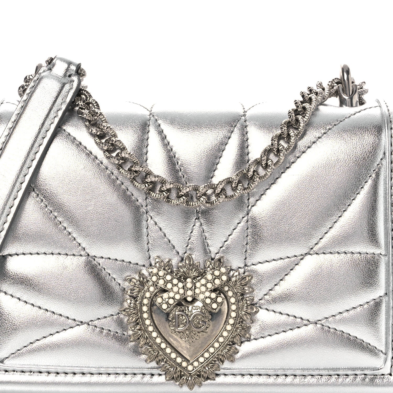 Dolce & Gabbana Metallic Nappa Quilted Mini Devotion Crossbody Bag Silver 7 of 13