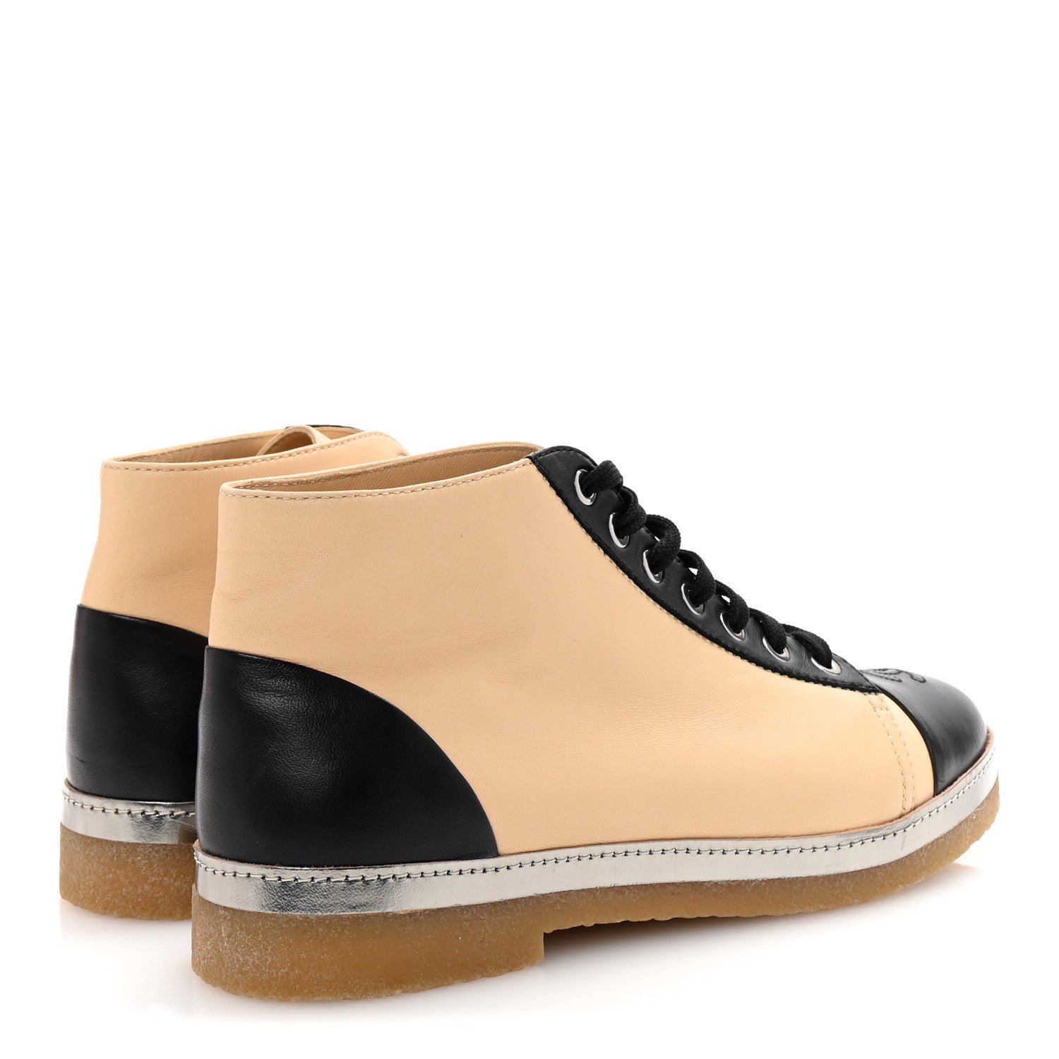 Chanel Lambskin CC Lace Up Short Boots 40 Beige Black 5 of 9