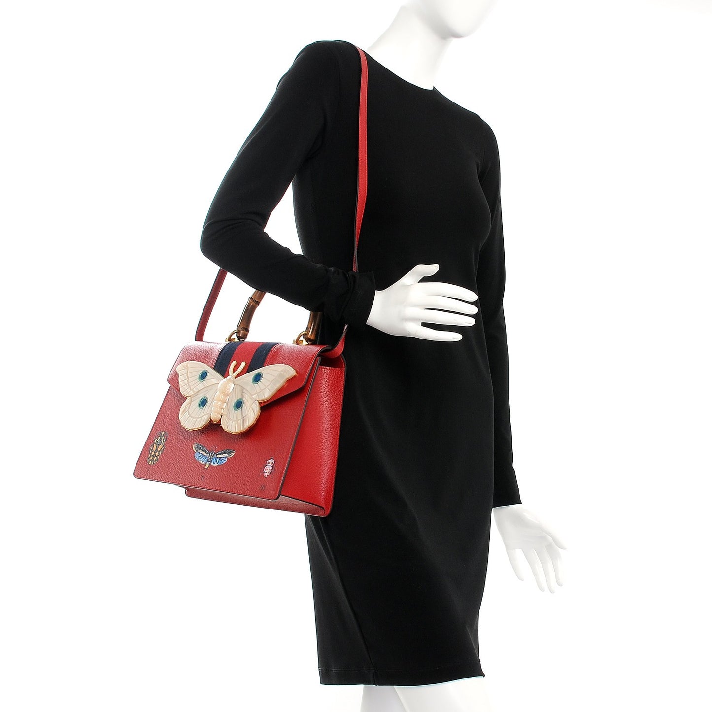 Calfskin Bamboo Web Medium Falena Moth Top Handle Bag Hibiscus Red