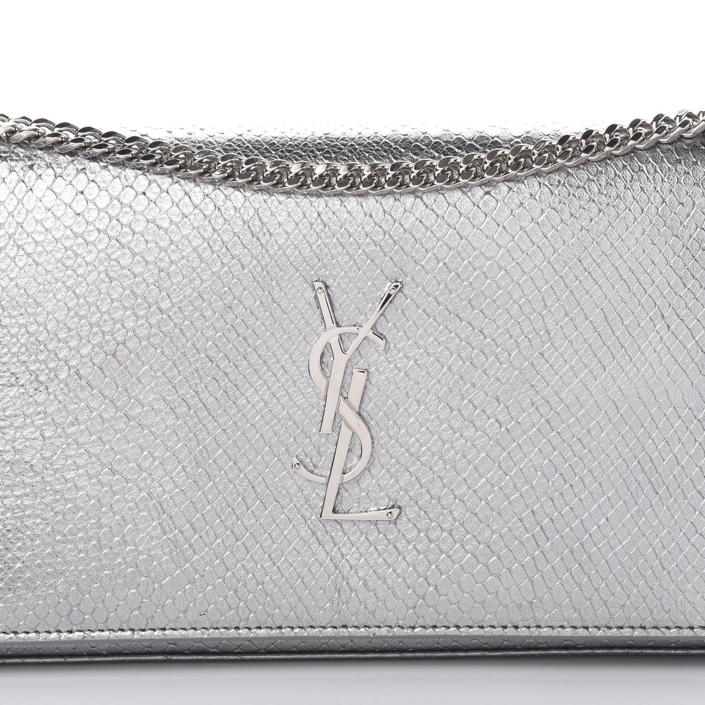 Metallic Calfskin Python Embossed Monogram Chain Wallet Silver