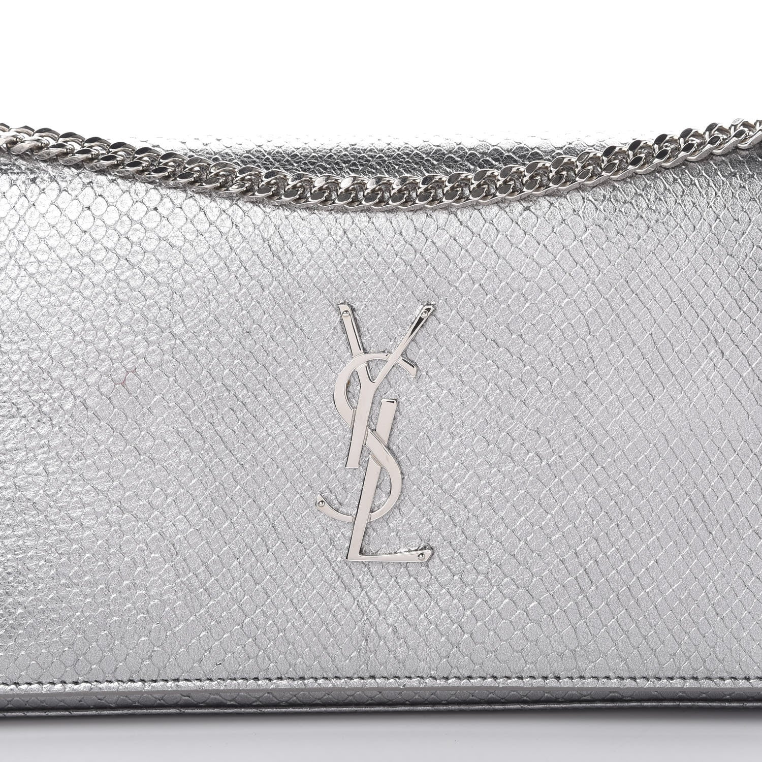 Saint Laurent Metallic Calfskin Python Embossed Monogram Chain Wallet Silver 8 of 13