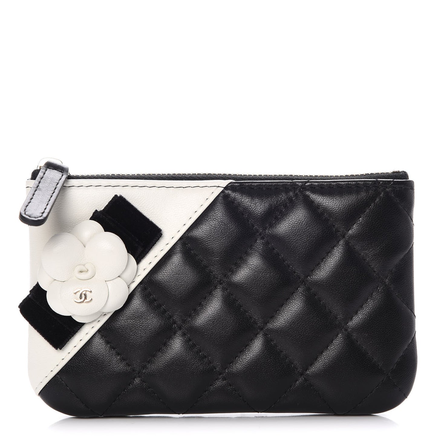 Lambskin Quilted Small Camellia Cosmetic Pouch Black White